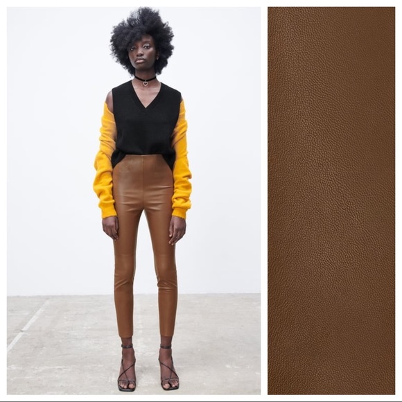 Zara Pants - NWT. Zara Brown Faux Leather High-Waisted Leggings. Size M.